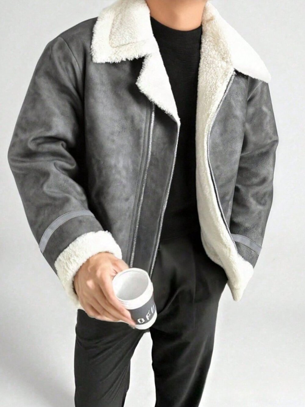 Grey Casual Men's Loose Fit Jacket Outdoor Sports Thermal Lined Coat